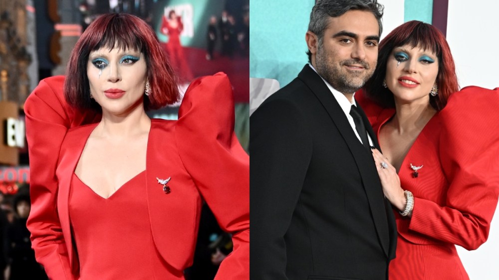Lady Gaga, Joker: Folie à Deux' UK Premiere, Celine, custom Celine, structured silhouette, Lady Gaga red carpet style, Harley Quinn aesthetic