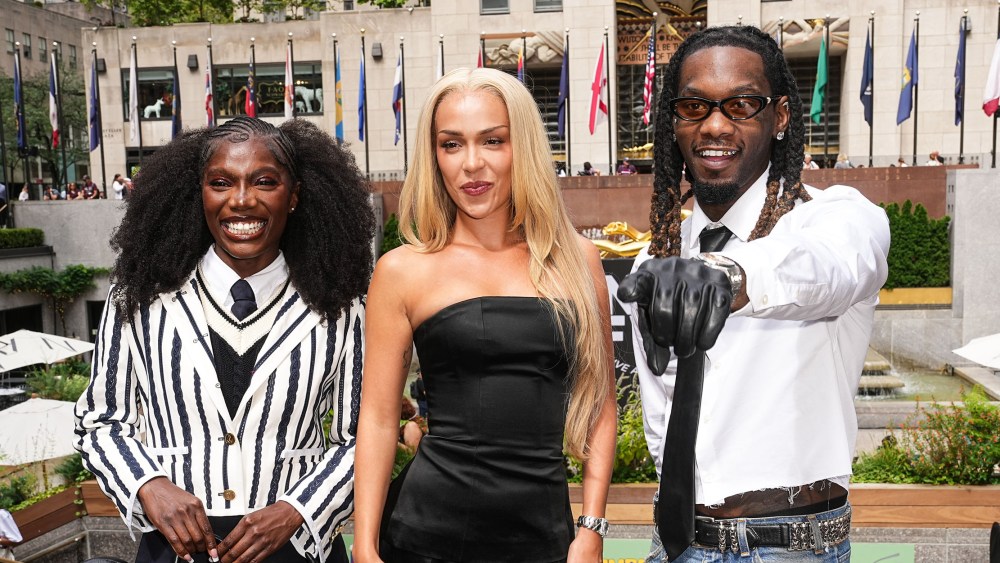 NEW YORK, NEW YORK - SEPTEMBER 06: (L-R) Doechii, Bad Gyal and Offset attend New York Fashion Week ribbon cutting ceremony at Rockefeller Center on September 06, 2024 in New York City. (Photo by John Nacion/Getty Images)