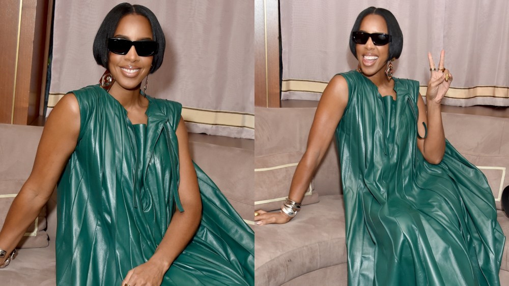 Kelly Rowland at a Tod's dinner in Los Angeles on Oct. 23, leather dress, green trend