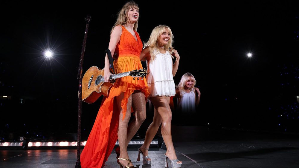 Sabrina Carpenter and Taylor Swift perform onstage during "The Eras Tour" on Oct. 26 in New Orleans.
