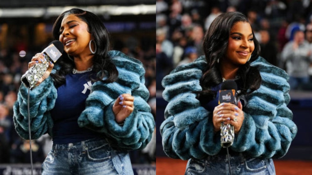 Ashanti sings the national anthem prior to Game 4 of the 2024 World Series, blue chinchilla fur adrienne landau coat,