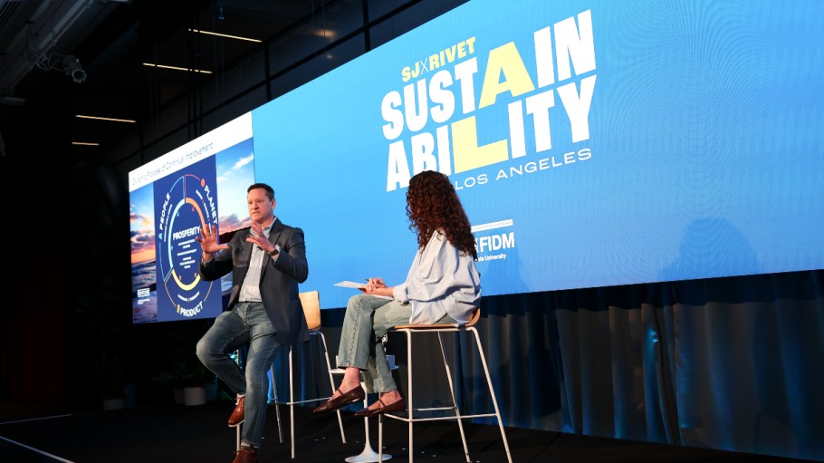 Jeff Frye, vice president of sustainability, innovation, global procurement, global product development for Kontoor Brands, in conversation with Angela Velasquez, executive editor of Rivet, in Los Angeles.