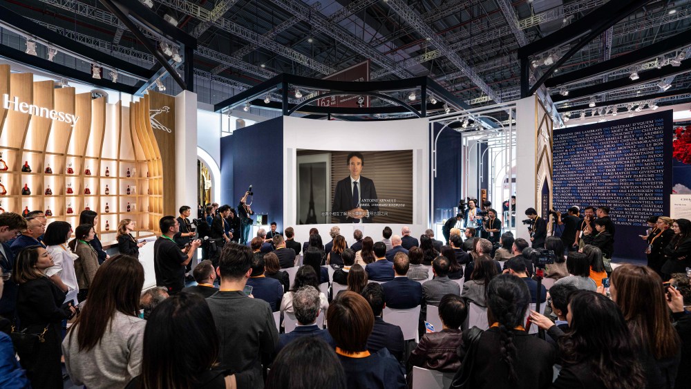 Antoine Arnault gives a speech via a video at the LVMH booth at the 7th China International Import Expo in Shanghai
