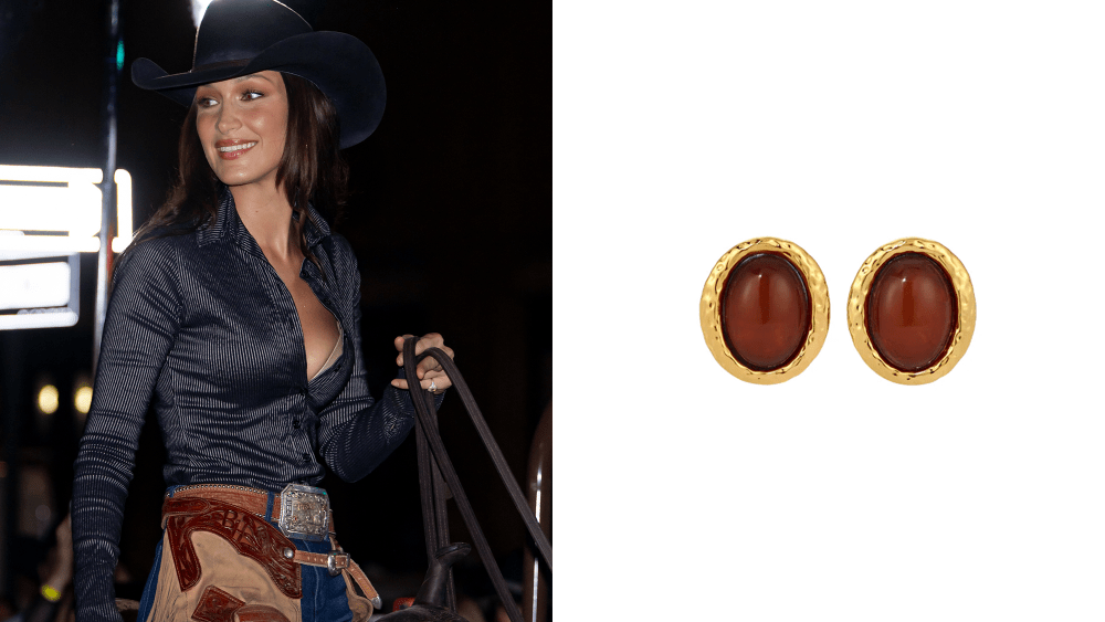 bella hadid seen in a cowboy outfit on top of a horse, next to a product image of gold and brown earrings