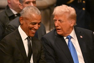 TOPSHOT - Former US President Barack Obama speaks with President-elect Donald Trump before the State Funeral Service for former US President Jimmy Carter at the Washington National Cathedral in Washington, DC, on January 9, 2025. (Photo by ROBERTO SCHMIDT / AFP) (Photo by ROBERTO SCHMIDT/AFP via Getty Images)