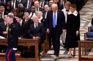 WASHINGTON, DC - JANUARY 09: U.S. President-elect Donald Trump and Melania Trump arrive for the state funeral for former U.S. President Jimmy Carter at Washington National Cathedral on January 09, 2025 in Washington, DC. President Joe Biden declared today a national day of mourning for Carter, the 39th President of the United States, who died at the age of 100 on December 29, 2024 at his home in Plains, Georgia. (Photo by Chip Somodevilla/Getty Images)
