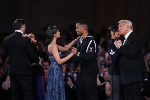 WASHINGTON, DC - JANUARY 20: President Donald Trump dances with a service member while 2nd Lady Usha Vance and Vice President JD Vance dance with service members at the Commander-in-Chief Ball on January 20, 2025 in Washington, DC.  President Trump attends some of the inaugural balls after taking the oath as the 47th president. (Photo by Andrew Harnik/Getty Images)