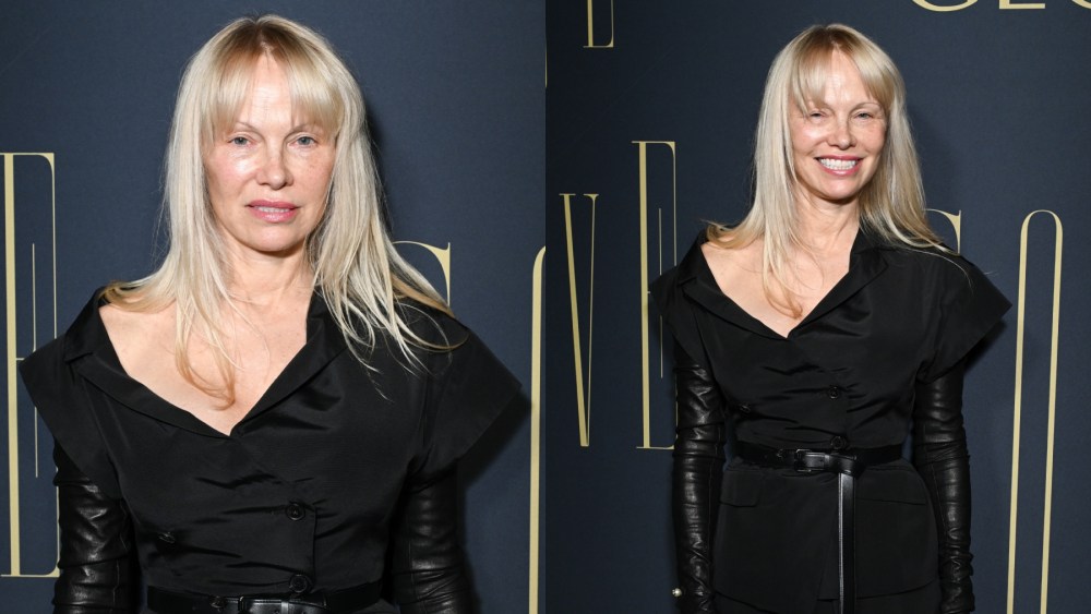Pamela Anderson at the Golden Globe Awards Golden Eve on Jan. 4 in Los Angeles, Dior, leather opera gloves