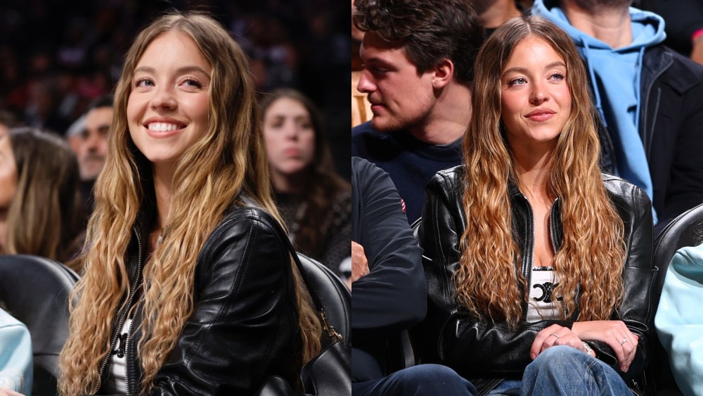 Sydney Sweeney at a Brooklyn Nets game on Jan. 21, Celine, jeans, leather jacket