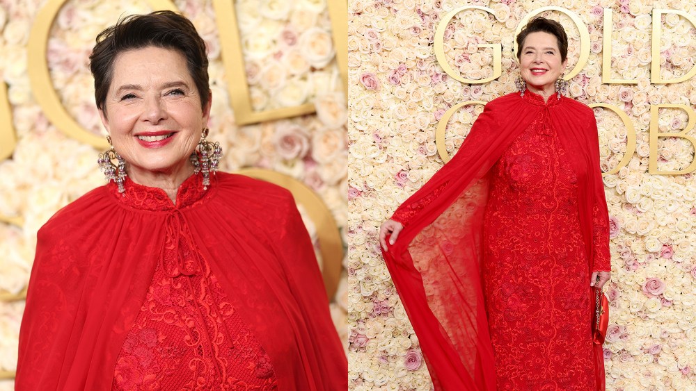 woman in two shots, one close up showing her face makeup and chandelier-like earrings and another full-body one in which she holds out the cape to her all-red lace gown