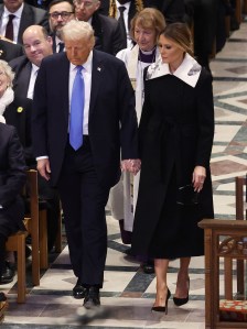WASHINGTON, DC - JANUARY 09: U.S. President-elect Donald Trump and Melania Trump arrive for the state funeral for former U.S. President Jimmy Carter at Washington National Cathedral on January 09, 2025 in Washington, DC. President Joe Biden declared today a national day of mourning for Carter, the 39th President of the United States, who died at the age of 100 on December 29, 2024 at his home in Plains, Georgia. (Photo by Chip Somodevilla/Getty Images)