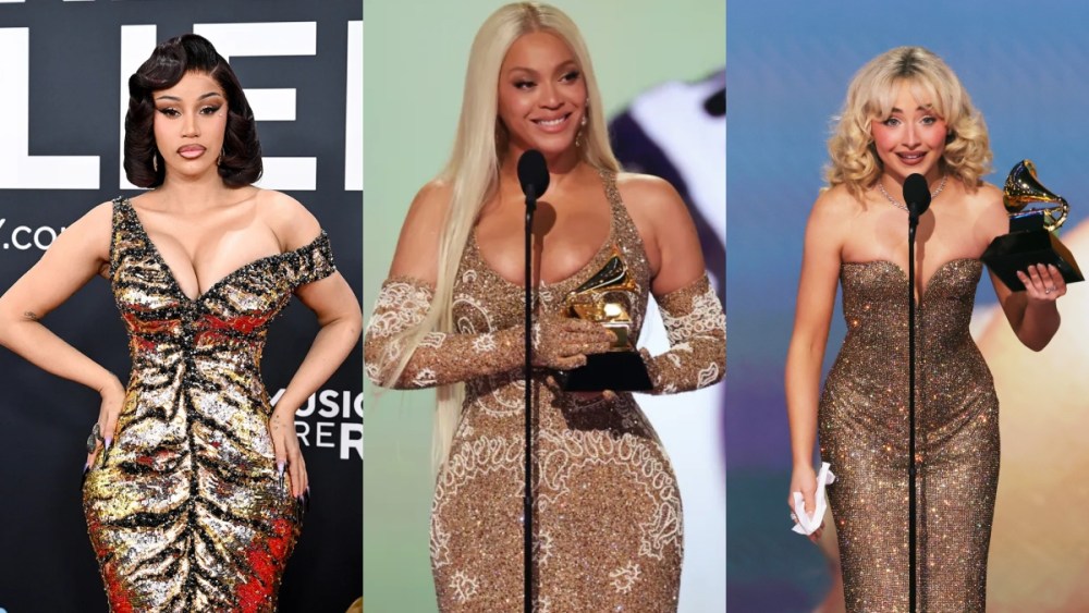 Cardi B, Beyonce, Sabrina Carpenter at the 2025 Grammy Awards, gold dresses trend