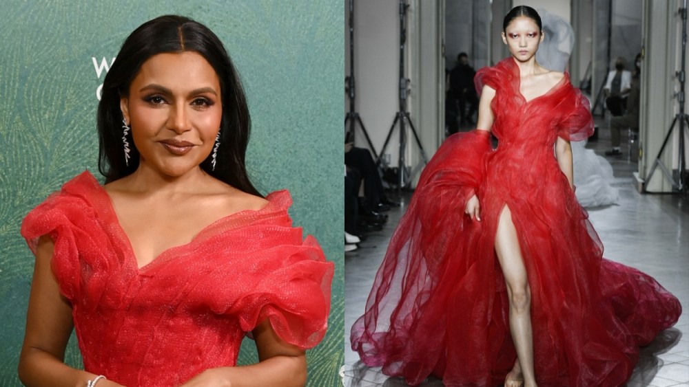 Mindy Kaling red dress attends the 27th Costume Designers Guild Awards at Wilshire Ebell Theatre on February 06, 2025 in Los Angeles, California.