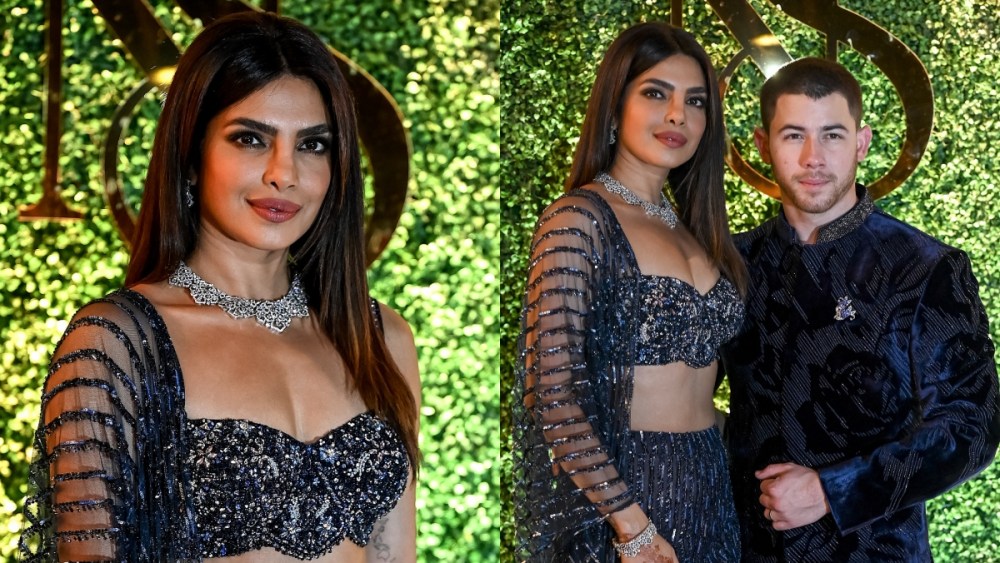 Priyanka Chopra Jonas, along with her husband, Nick Jonas, poses for a photograph at her brother Siddharth Chopra's pre-wedding celebration, in Mumbai on February 6, 2025.