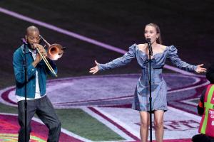 Trombone Shorty, Lauren Daigle perform at Super Bowl LIX at Caesars Superdome on February 09, 2025 in New Orleans, Louisiana.