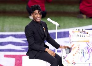 Jon Batiste performs at Super Bowl LIX at Caesars Superdome on February 09, 2025 in New Orleans, Louisiana.