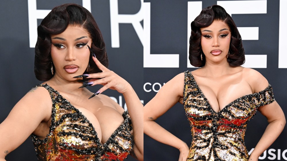 Cardi B at the 2025 Grammy Awards on Feb. 2 in Los Angeles, Roberto Cavalli, gold tiger print dress, red carpet