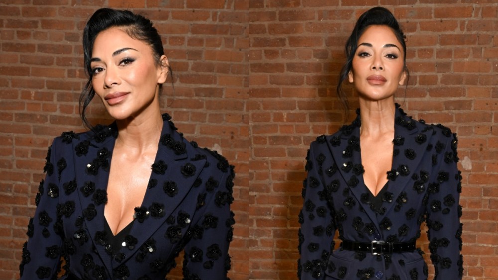 Nicole Scherzinger at the Michael Kors fall 2025 fashion show on Feb. 11 in New York, floral coatdress, front row