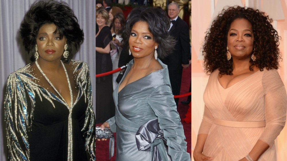 Oprah Winfrey at the Oscars in 1987, 2004 and 2015, Vera Wang, red carpet, awards, Gianfranco Ferré