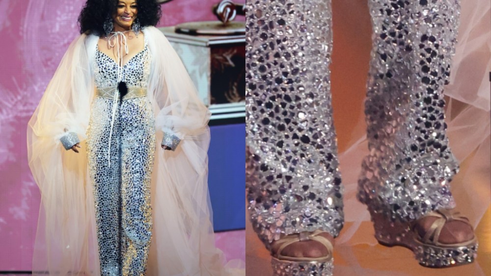Diana Ross on stage at the 2025 Grammys, Diana Ross crystal-embellished platform wedge sandals, diana ross dolce and gabbana outfit grammys