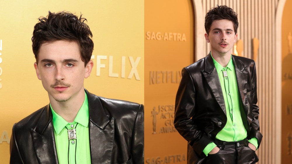 Timothée Chalamet at the 31st Screen Actors Guild Awards on Feb. 23, 2025, in Los Angeles, chrome hearts suit, brat green trend