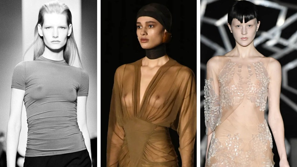 (L-R): Model Kirsten Owen on the runway at Calvin Klein Collection Spring 1997 fashion show; Model on the runway at Saint Laurent RTW Fall 2024Ready to Wear Fashion Show on February 27, 2024 in Paris, France; Iris Van Herpen Spring Summer 2017, haute couture runway show.