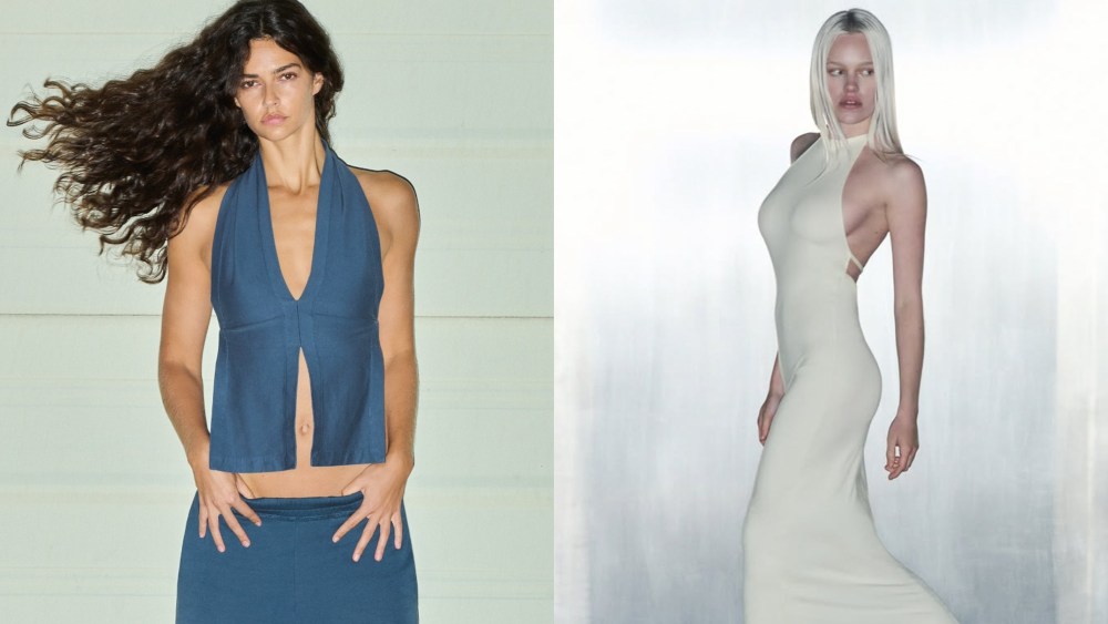 two models posing in skims' new collection items, including a blue halter top and a white body-hugging dress