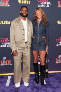 Darius Slayton, Anna Hall at the Tubi Red Carpet during Super Bowl LIX at Caesars Superdome on February 09, 2025 in New Orleans, Louisiana.