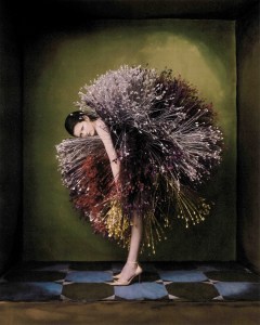 Germanier haute couture sequin bustier with upcycled skirt embroidered with metalloid feathers. Elie Saab haute couture shoes.
