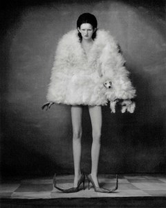 Ashi Studio haute couture feather and lamb skin jacket with matching artisanally crafted poodle.