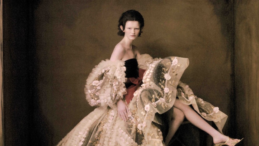 Valentino haute couture tulle and velvet dress with ruffles and faille bow, crinoline and organza underskirt and brocade sandal mule.