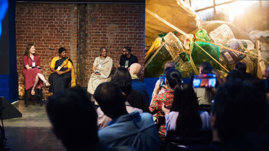 The "just transition for the green economy" panel at the GCA launch summit in Mumbai, featuring Cliodhnagh Conlon, Director Consumer Sectors & Supply Chain at BSR; Indumathi, Waste Entrepreneur at Dry Waste Collection Center; Nalini Shekar, Co-Founder at Hasiru Dala; and Anish Malpani, founder of Ashaya.