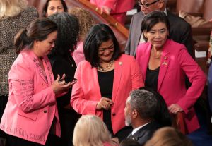 WASHINGTON, DC - MARCH 04: (from left to right) Representatives Jill Tokuda (D-HI), Pramila Jayapal (D-WA), and Judy Chu (D-CA) talk on the floor of the U.S. House of Representatives ahead of U.S. President Donald Trump’s address to a joint session of Congress at the U.S. Capitol on March 04, 2025 in Washington, DC. President Trump was expected to address Congress on the early achievements of his presidency and his upcoming legislative agenda. (Photo by Kayla Bartkowski/Getty Images)