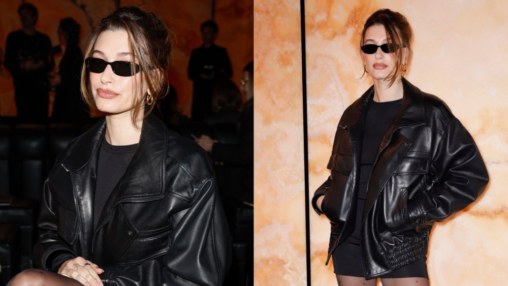 Hailey Bieber at Saint Laurent's fall 2025 fashion show on March 11 in Paris, little black dress, aviator jacket, front row
