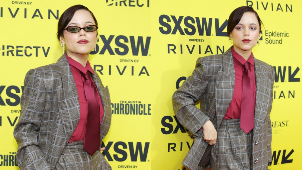 Jenna Ortega at the "Death of a Unicorn" premiere during SXSW on March 8 in Austin, plaid suit, Oscar de la Renta, Kendra Scott, red carpet