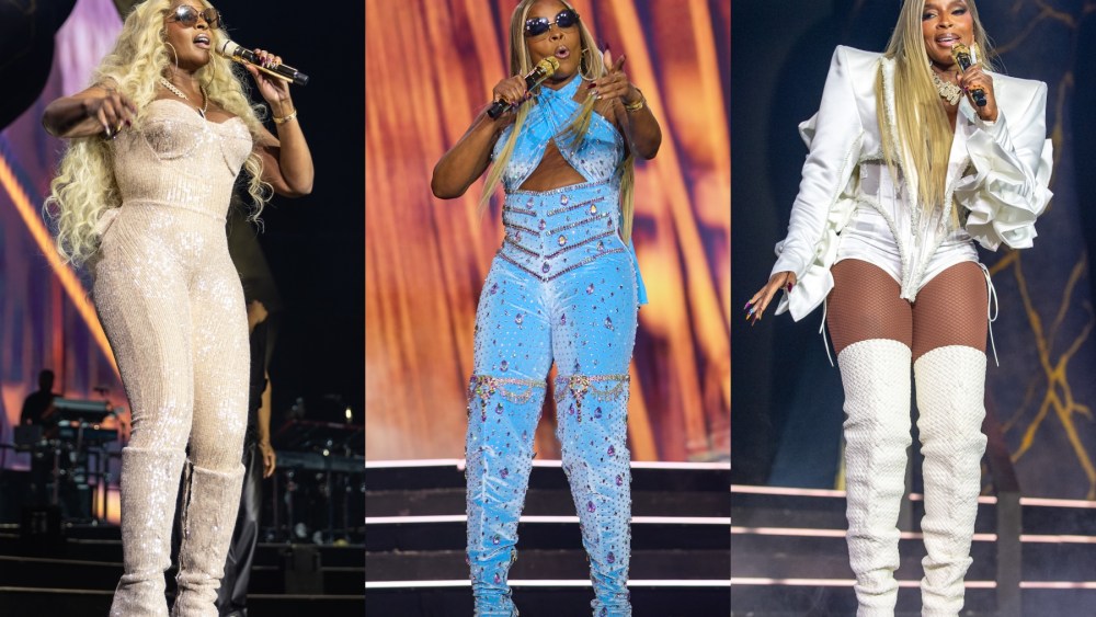 Left: Mary J. Blige performs at Chase Center on March 07, 2025 in San Francisco, California. Middle: Mary J. Blige performs during the “For My Fans” Tour at Xcel Energy Center on March 16, 2025 in St. Paul, Minnesota. Right: Mary J. Blige performs onstage during her "For My Fans" tour at Little Caesars Arena on March 19, 2025 in Detroit, Michigan.