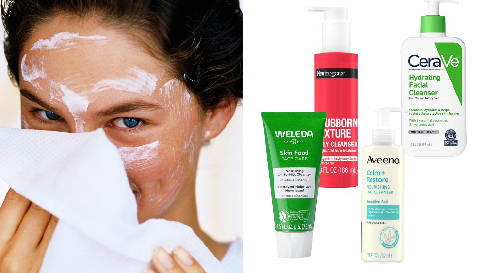 woman with cleanser on her face wiping it off with a white towel; four drugstore face wash selects over a white background