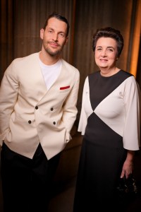 Simon Porte Jacquemus, Laurence des Cars at Le Grand Dîner du Louvre held at Musée du Louvre on March 04, 2025 in Paris, France.