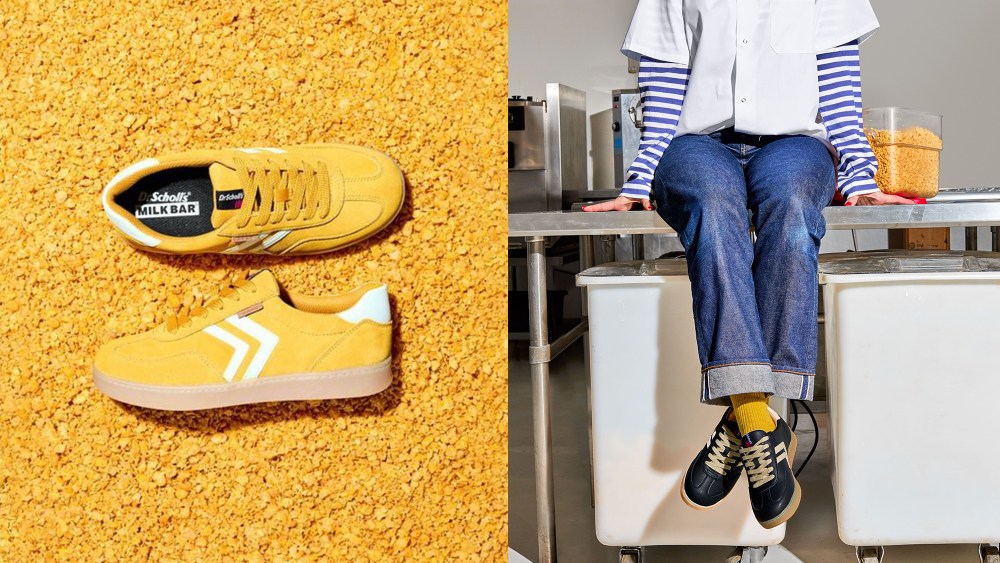 yellow sneakers over a yellow background; woman sitting on a metal table while wearing jeans and sneakers