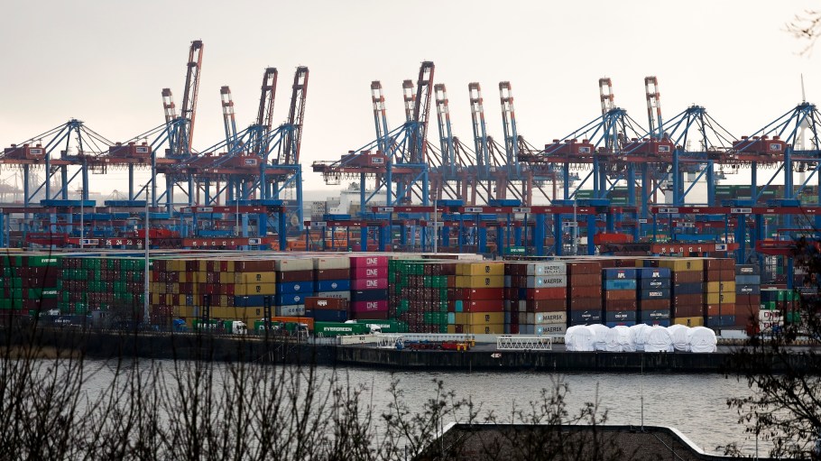 A general view shows the container terminal 'Eurogate' in the harbor of the northern German city of Hamburg Port on February 27, 2025 in Hamburg, Germany.