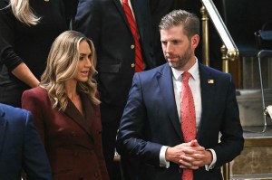 (L-R) Lara Trump and Eric Trump arrive for US President Donald Trump's address to a joint session of Congress in the House Chamber of the US Capitol in Washington, DC, on March 4, 2025. (Photo by SAUL LOEB / AFP) (Photo by SAUL LOEB/AFP via Getty Images)