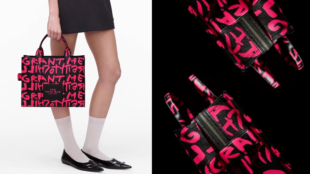 woman holding a graffiti-clad marc jacobs bag while wearing flats and white socks; two such bags overlaid on a black background