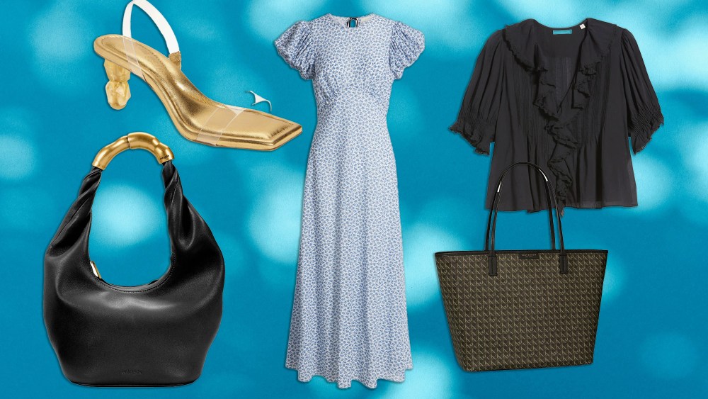 five selections of clothing, bags, and shoes found at nordstrom, overlaid on a blue and white blurry background
