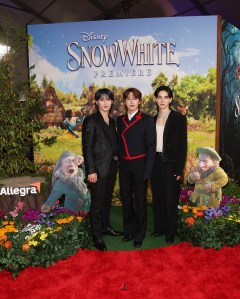 LOS ANGELES, CALIFORNIA - MARCH 15: Jo1 joins Sneezy & Sleepy at the Allegra activation on the red carpet for Disney's "Snow White" premiere at El Capitan Theatre on March 15, 2025 in Hollywood, California. The Allegra activation asks what Sneezy and Sleepy would be like if they weren't sneezy or sleepy. (Photo by Phillip Faraone/Getty Images for Allegra)
