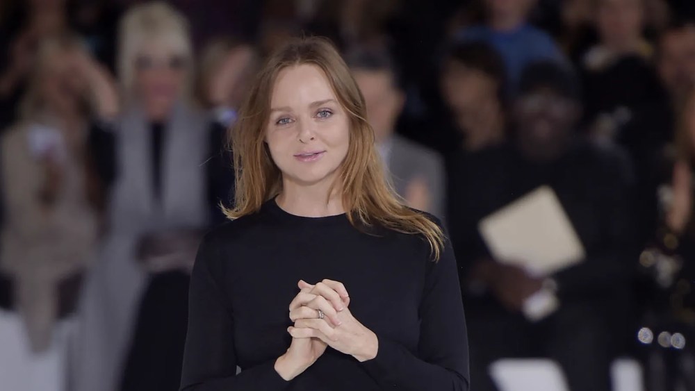 Stella McCartney on the runway at the Stella McCartney spring 2017 ready to wear fashion show finale in Paris.