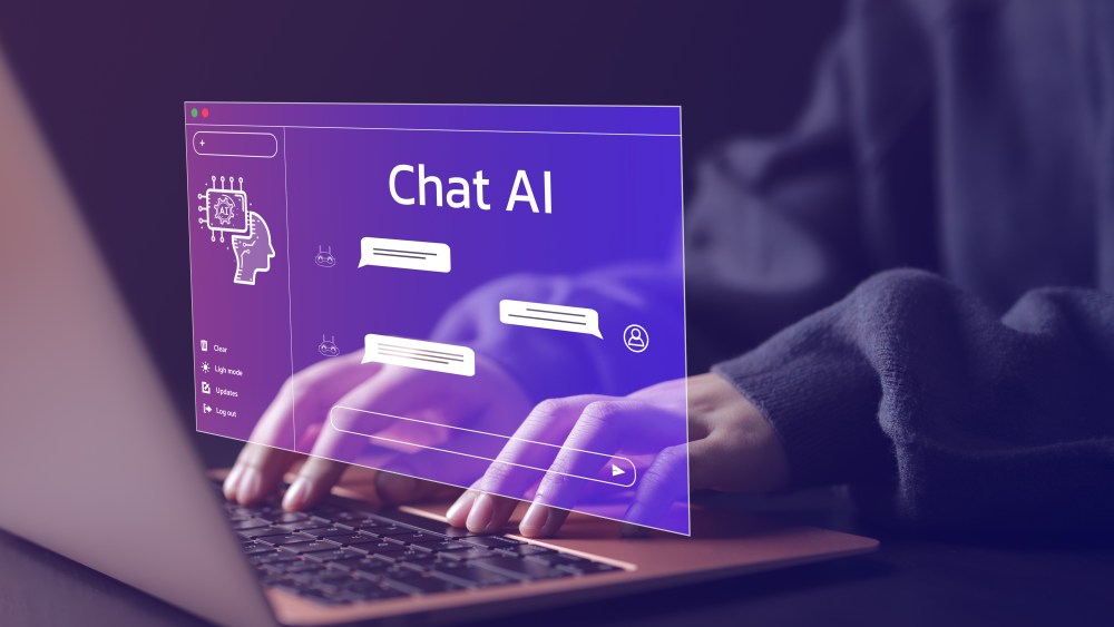 Chat Bot Chat with AI or Artificial Intelligence technology. Woman using a laptop computer chatting with an intelligent artificial intelligence asks for the answers he wants.