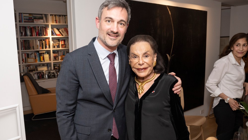 Baptiste Charroing and Judith Pisar attend the meeting of Baptiste Charroing, the next general director of the Théâtre des Champs-Élysées, at a private residence in NYC on April 9, 2025. (Photo by Michael Ostuni)