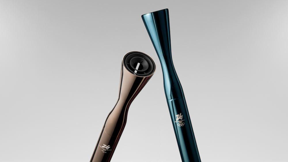 The "Essential" torch designed for the upcoming Milano Cortina 2026 Olympic and Paralympic Winter Games.