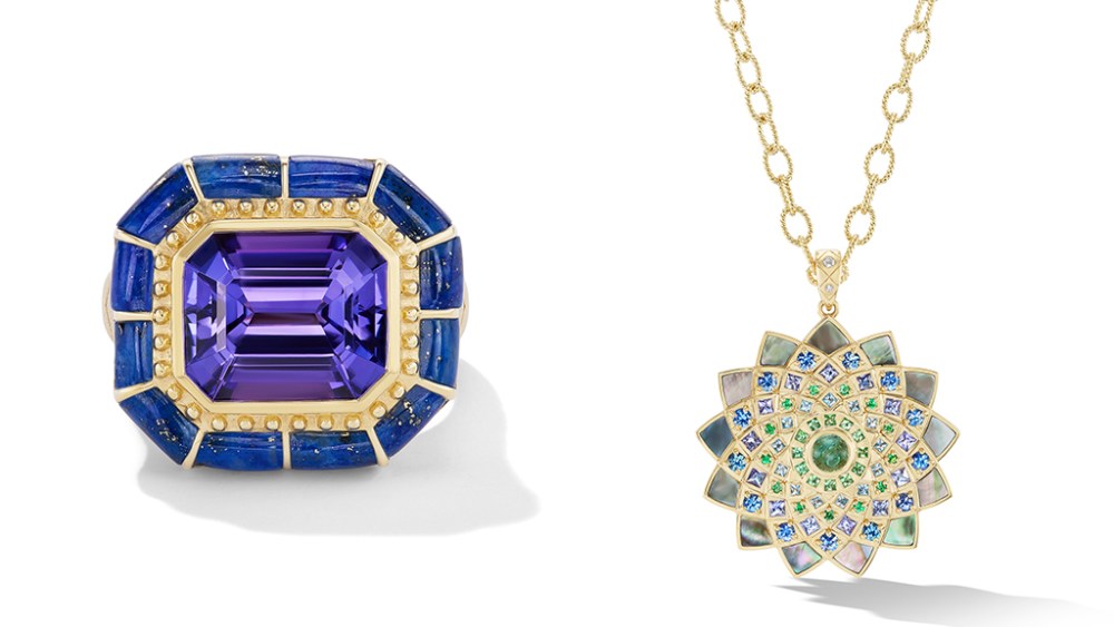 From Orly Marcel, a one-of-a-kind statement ring, and the Temple Inlay Mandala pendant necklace.