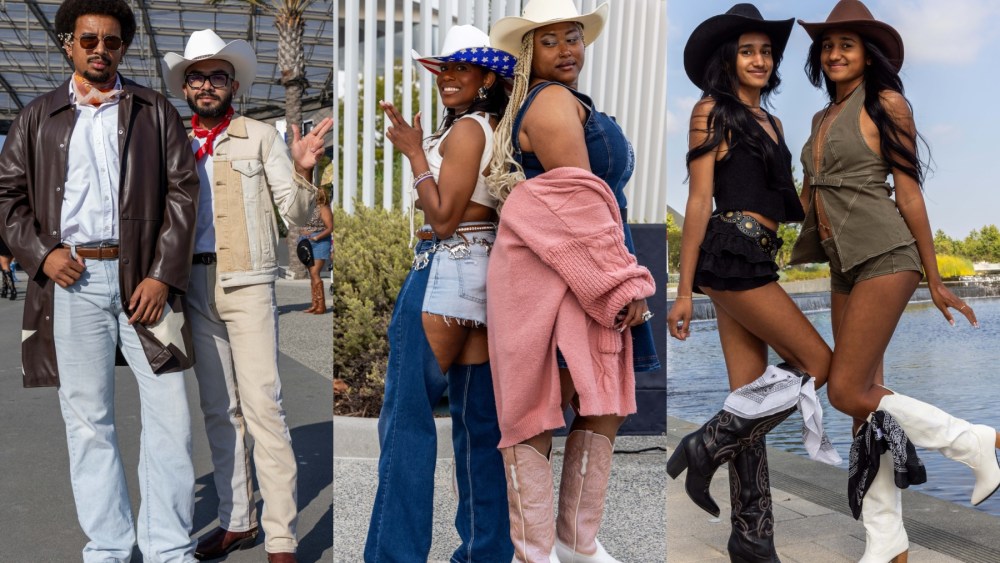 Left: Anthony Pittman, 32, and Jose Mascorro, 32, of Compton, pose for a portrait outside of SoFi Stadium before the Cowboy Carter Tour on Thursday, May 1, 2025 in Inglewood, CA. Middle: Teauna Baker and Jeanisha Rose pose for a portrait outside of SoFi Stadium before the Cowboy Carter Tour on Thursday, May 1, 2025 in Inglewood, CA. Right: Twins Kylia and Kyana Harrison, 24, pose for a portrait outside of SoFi Stadium before the Cowboy Carter Tour on Thursday, May 1, 2025 in Inglewood, CA.